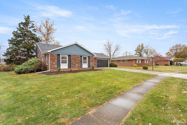 ranch-style home with a garage and a front lawn