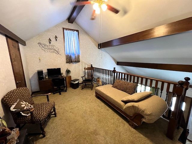 living area featuring carpet, vaulted ceiling with beams, and ceiling fan