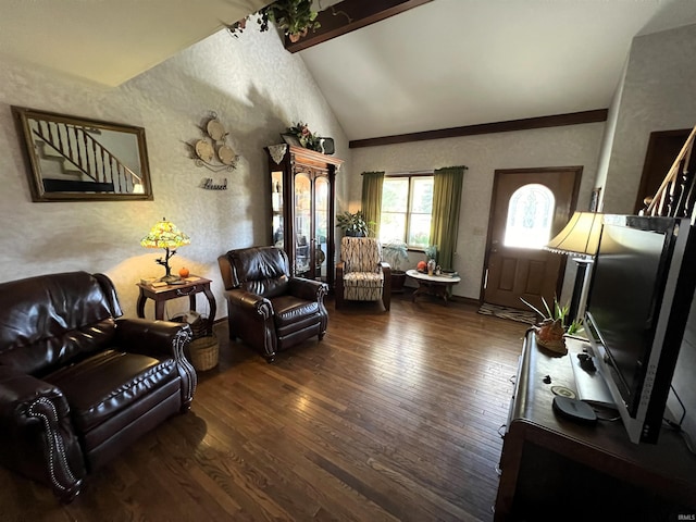 living room featuring dark hardwood / wood-style floors and vaulted ceiling