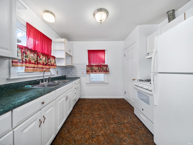 kitchen featuring tasteful backsplash, white cabinetry, sink, ventilation hood, and white appliances