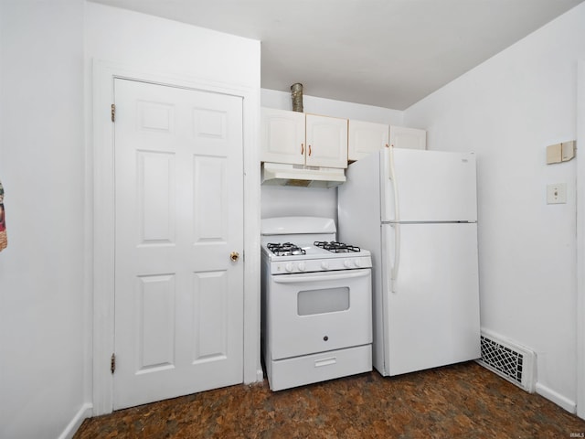 kitchen featuring white cabinetry and white appliances