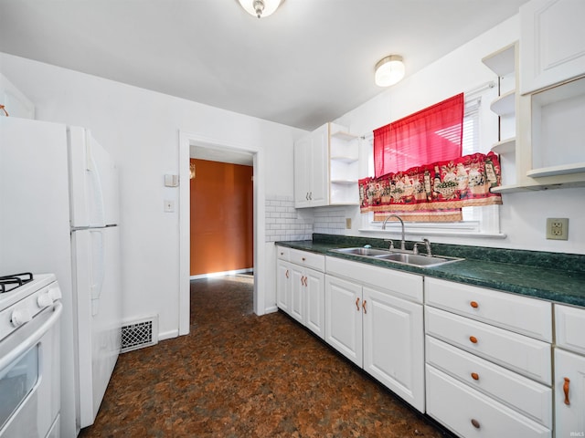 kitchen featuring white cabinetry, white range oven, decorative backsplash, and sink