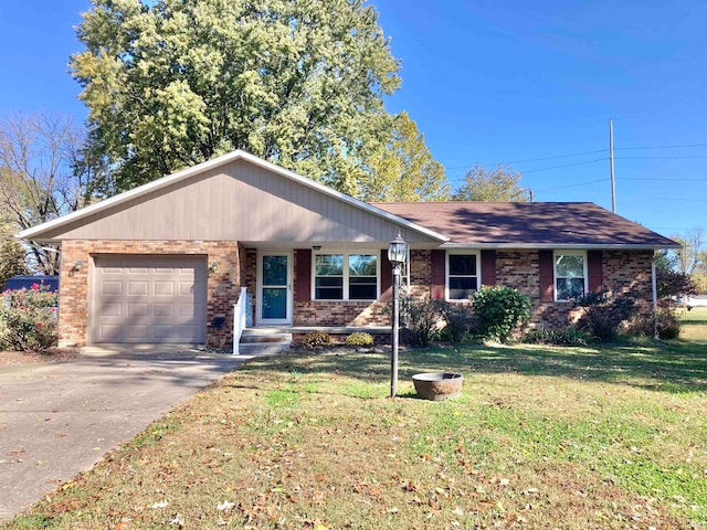 ranch-style home with a front yard and a garage