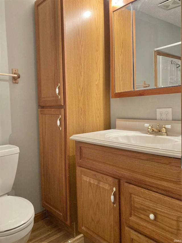 bathroom with vanity, a textured ceiling, toilet, and wood-type flooring