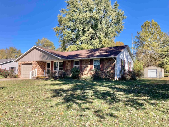 ranch-style house with a garage and a front lawn