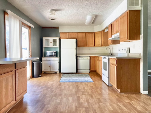 kitchen with sink, light hardwood / wood-style floors, decorative backsplash, and white appliances