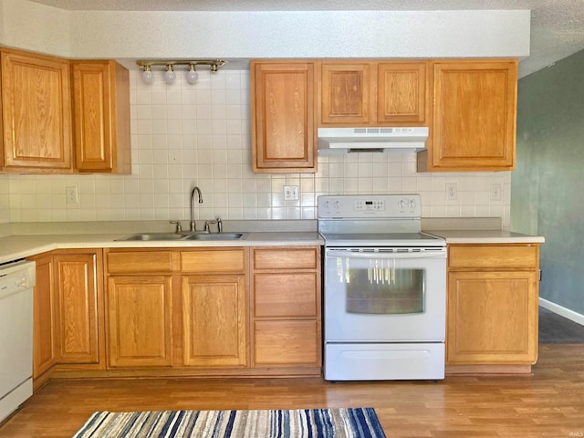 kitchen with light hardwood / wood-style floors, decorative backsplash, sink, and white appliances