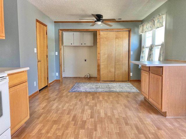 kitchen with ceiling fan, a textured ceiling, light hardwood / wood-style flooring, and white stove