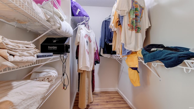 walk in closet with wood finished floors