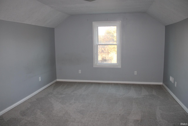 additional living space with a textured ceiling, carpet flooring, and vaulted ceiling