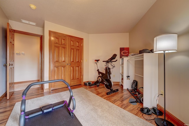 workout room featuring hardwood / wood-style floors