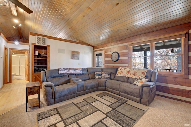 living room with light carpet, vaulted ceiling, and wood ceiling