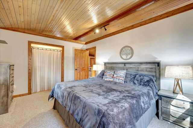 bedroom with light carpet and wood ceiling