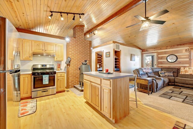 kitchen with appliances with stainless steel finishes, wood ceiling, light hardwood / wood-style floors, and light brown cabinets