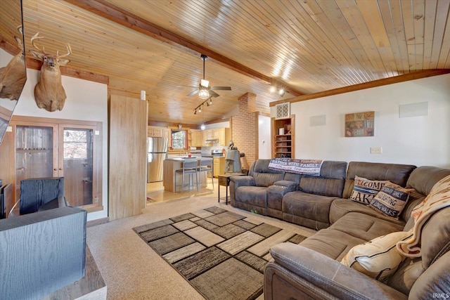 living room with ceiling fan, wood ceiling, vaulted ceiling with beams, and light colored carpet