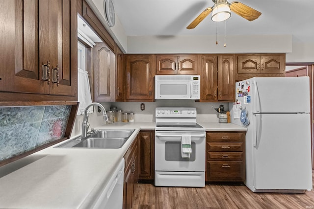 kitchen with ceiling fan, white appliances, sink, and light hardwood / wood-style flooring