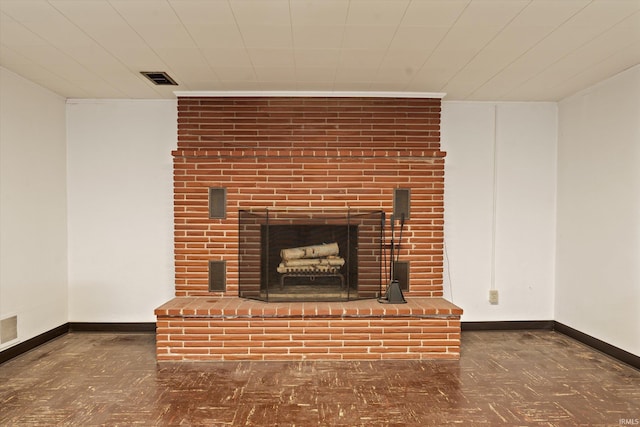 details with a brick fireplace