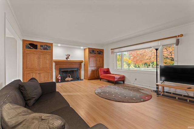 living room with crown molding and wood-type flooring