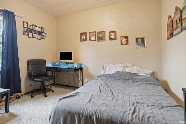 bedroom with a textured ceiling and carpet floors