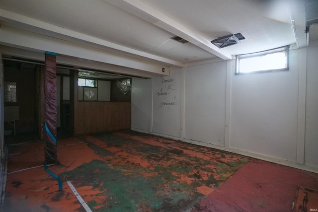 basement featuring wood walls