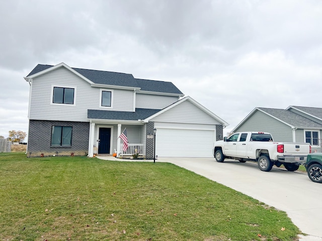 view of front facade featuring a front lawn, covered porch, and a garage