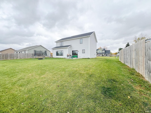 back of property with a yard and a trampoline