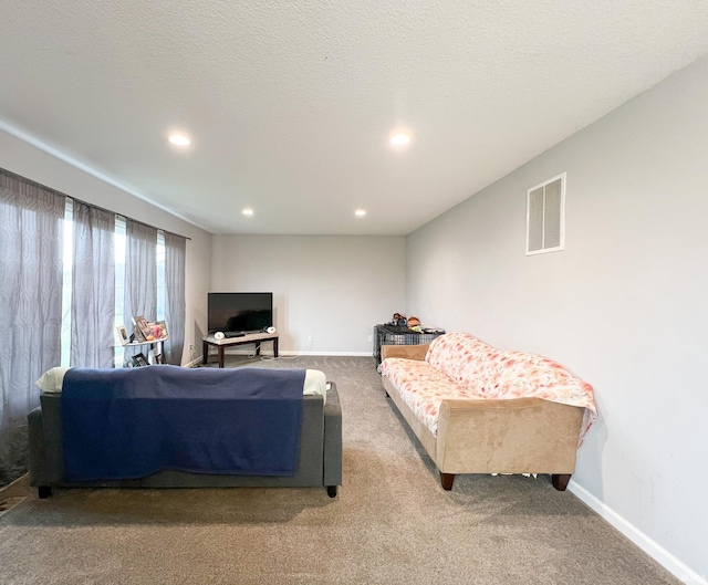 carpeted living room featuring a textured ceiling