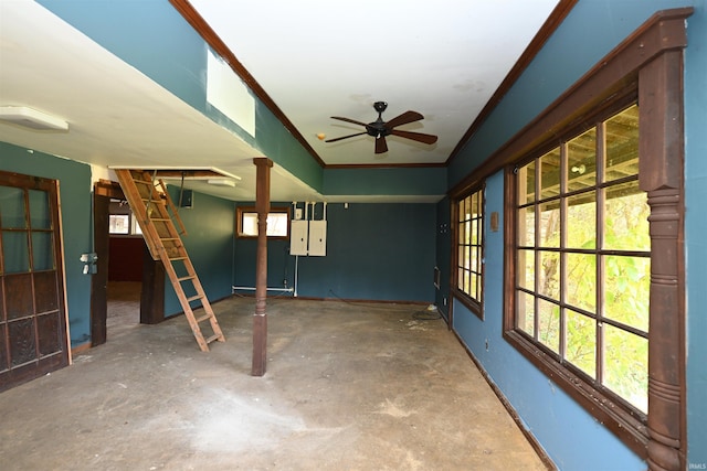 interior space featuring ceiling fan