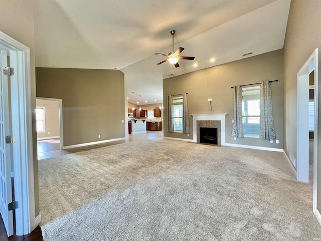 1793 Breckenridge Pass, Fort Wayne, IN 46845 - unfurnished living room featuring carpet flooring, ceiling fan, baseboards, lofted ceiling, and visible vents