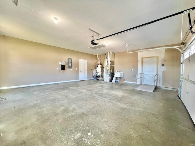 garage with electric water heater, electric panel, gas water heater, a garage door opener, and sink