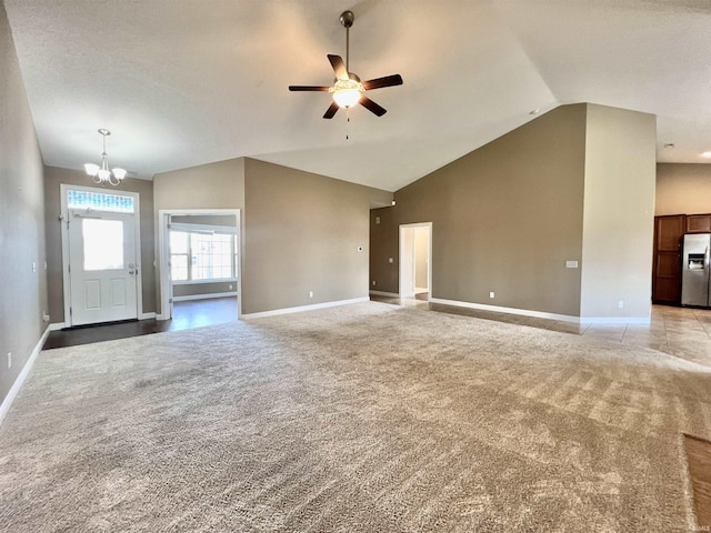 1793 Breckenridge Pass, Fort Wayne, IN 46845 - unfurnished living room with baseboards, light carpet, and ceiling fan with notable chandelier