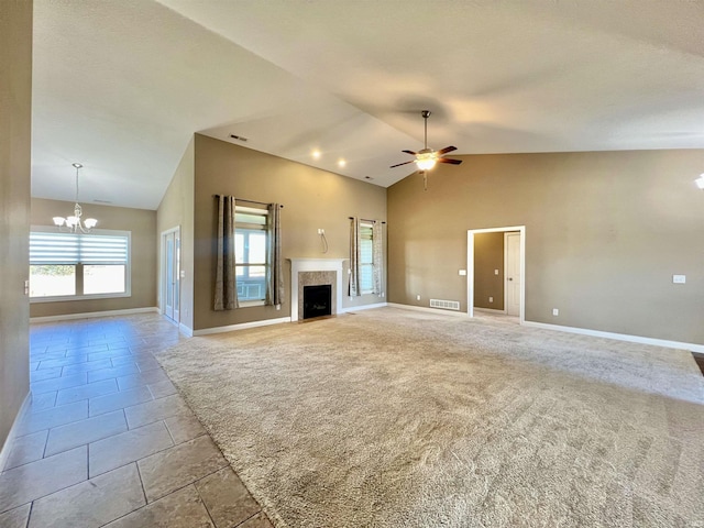 1793 Breckenridge Pass, Fort Wayne, IN 46845 - unfurnished living room featuring high vaulted ceiling, ceiling fan with notable chandelier, baseboards, a high end fireplace, and visible vents