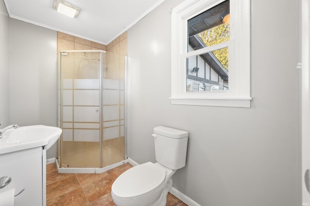 bathroom featuring a shower with door, crown molding, toilet, and vanity