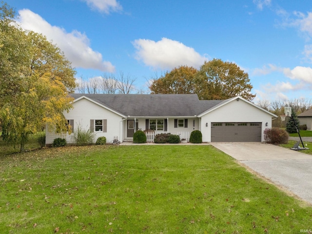 ranch-style house featuring a porch, a front lawn, and a garage