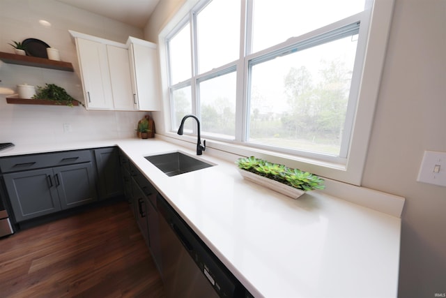 kitchen with tasteful backsplash, sink, plenty of natural light, white cabinetry, and stainless steel dishwasher