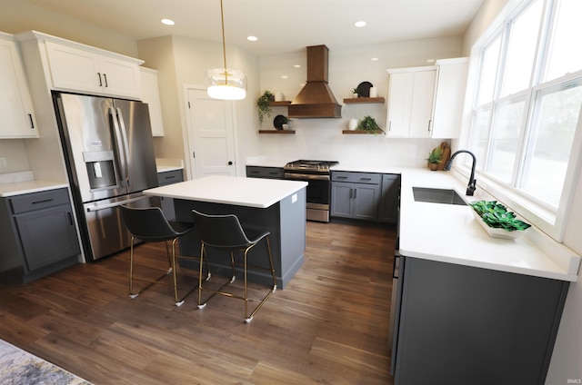 kitchen with custom range hood, a healthy amount of sunlight, appliances with stainless steel finishes, and sink