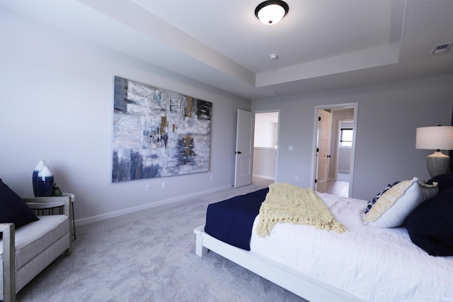 bedroom featuring carpet flooring and a tray ceiling