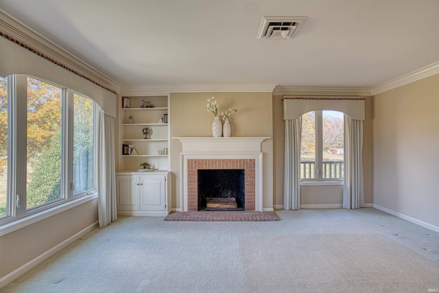 unfurnished living room with light carpet, crown molding, and a brick fireplace