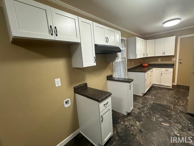 kitchen featuring ornamental molding and white cabinets