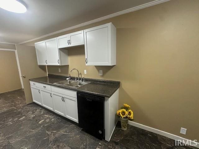 kitchen with black dishwasher, ornamental molding, sink, and white cabinets