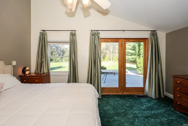 carpeted bedroom featuring multiple windows, access to outside, ceiling fan, and vaulted ceiling