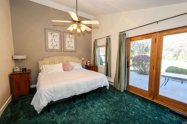 carpeted bedroom featuring access to outside and ceiling fan