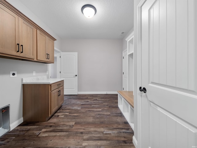 laundry area with hookup for an electric dryer, dark hardwood / wood-style flooring, cabinets, and a textured ceiling