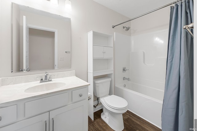 full bathroom with hardwood / wood-style flooring, vanity, toilet, and shower / bath combination with curtain