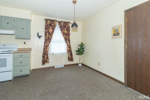 kitchen with white electric range oven, ventilation hood, hanging light fixtures, and dark carpet