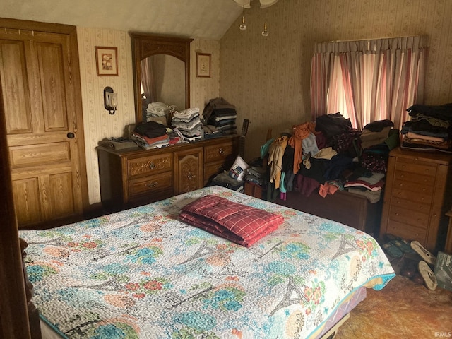 1139 E 600 N, Fowler, IN 47944 - bedroom featuring wallpapered walls, carpet flooring, and vaulted ceiling