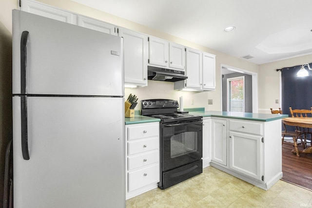 kitchen featuring light hardwood / wood-style floors, kitchen peninsula, black range with electric stovetop, white fridge, and white cabinetry