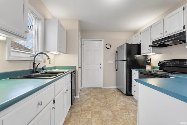 kitchen with black appliances, white cabinetry, and sink