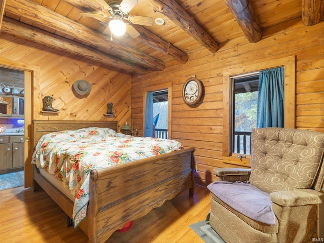 bedroom with light wood-type flooring, wood ceiling, wooden walls, and beam ceiling