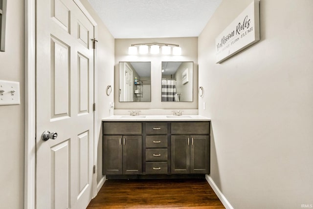 bathroom with vanity, a textured ceiling, and wood-type flooring